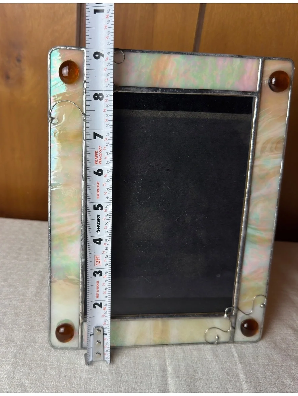 Stained Glass 5x7 Photo Frame Iridescent Art Glass Amber Cabochon Wire Accent
